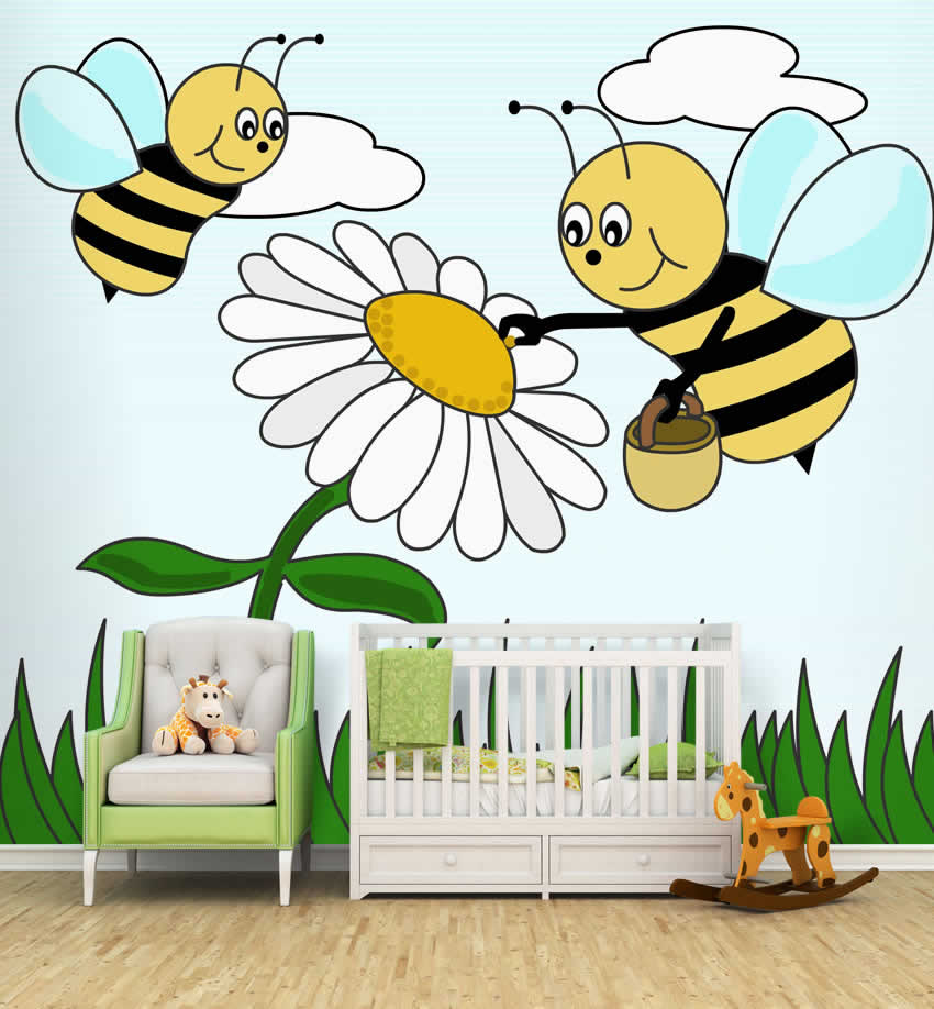 Carta da parati dietro culla e sedie a dondolo