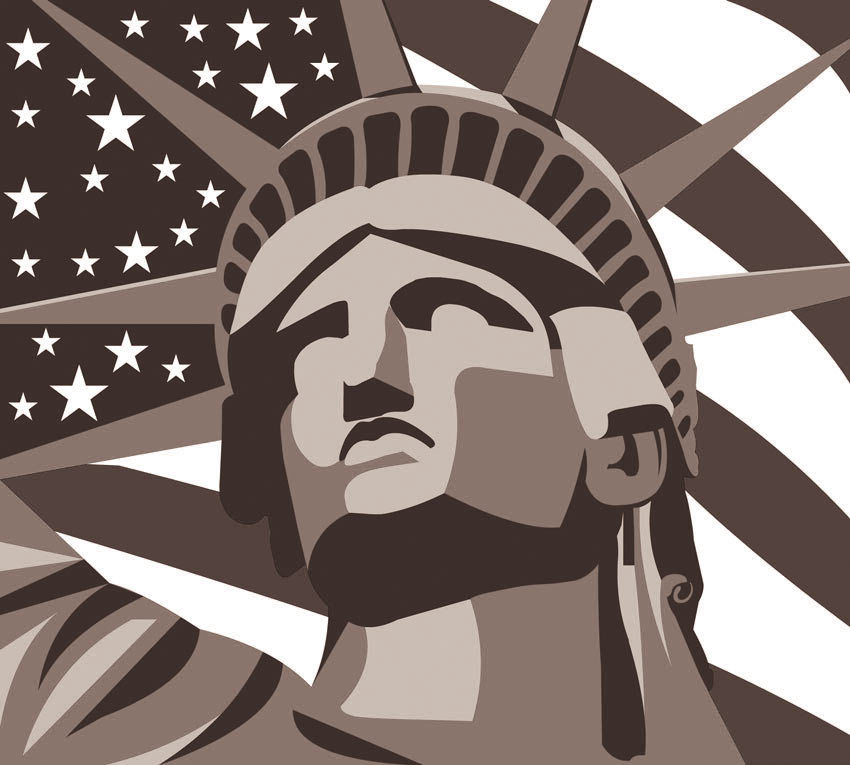 Stanza New York - Statua e bandiera colore 3 Terzo colore per la carta che raffigura una donna che indossa una lunga toga e sorregge fieramente una fiaccola