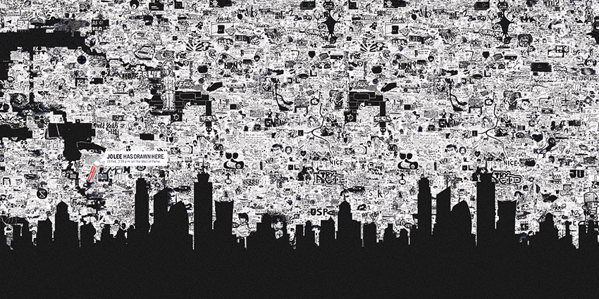 Grafica della carta con l’immagine di una città e dei graffiti